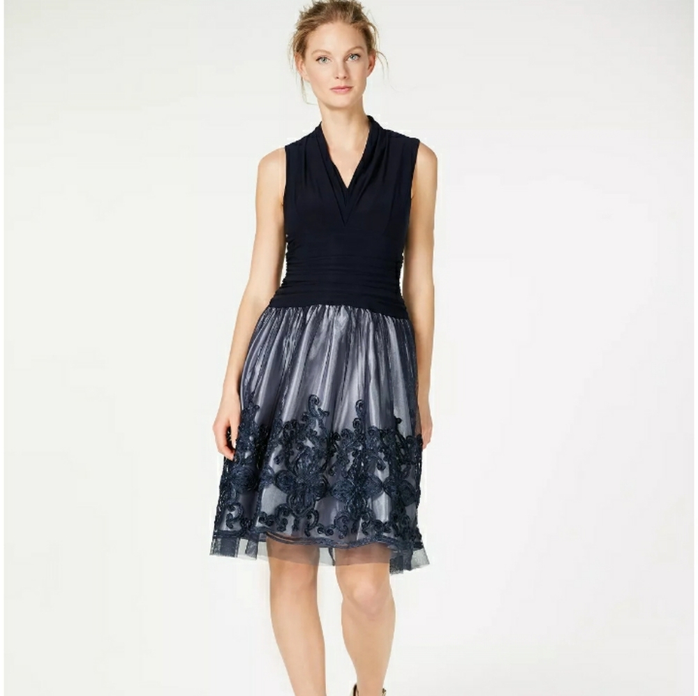 SLNY Illusion Soutache Trim Sleeveless Navy Cocktail Party Dress Size 18